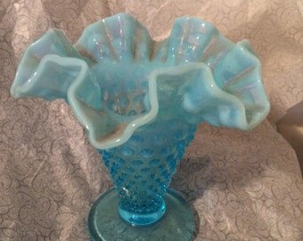 Fenton blue glass vase hobnail opalescent ruffled rim collectible aqua turquoise 1950's - 1960's vase