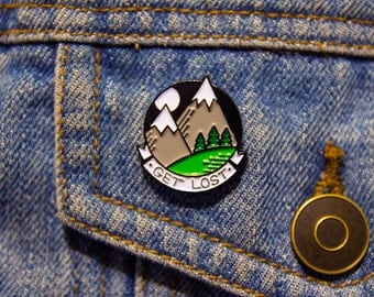 Mountain enamel pin, get Lost pin badge, adventurer lapel pin, lapel pin forest, wilderness lapel pin, soft enamel pin, travel enamel pin