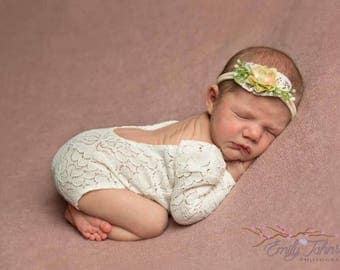 Newborn Stretch Lace Romper, Matching headband, Newborn Bodysuit, Open Back Lace Romper, Baby Girl Photo Prop, Newborn Prop, UK Seller