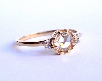 Rose Cut Diamond Octagon Ring, Engagement Ring, Wedding Band, 14K Yellow Gold