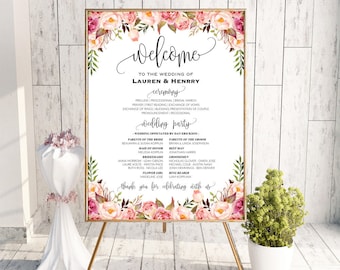 Printable Wedding Program Board Sign Template, Editable Pink Floral Program Poster, DIY Welcome Sign, 3 Sizes Instant Download PDF #102