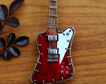 Polymer clay guitar Guitar pendant Guitar necklace Electric guitar Gift for musicians Unisex jewelry Red guitar pendant Wire wrapped pendant
