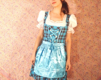 Blue Gingham Mini Dirndl Dress with Apron • Oktoberfest Dress Austrian German Folk Dress and Blouse • small medium