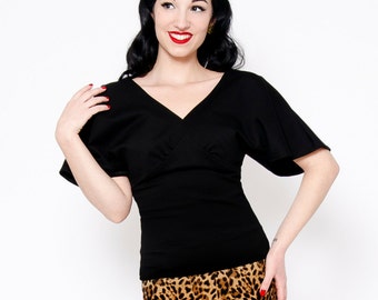Black vintage pin-up vamp shirt with bell sleeves