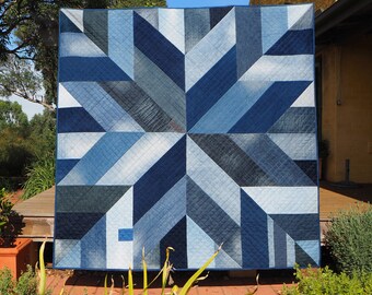 Blue Giant quilt pattern – star block modern quilt pattern made from recycled/upcycled blue denim jeans