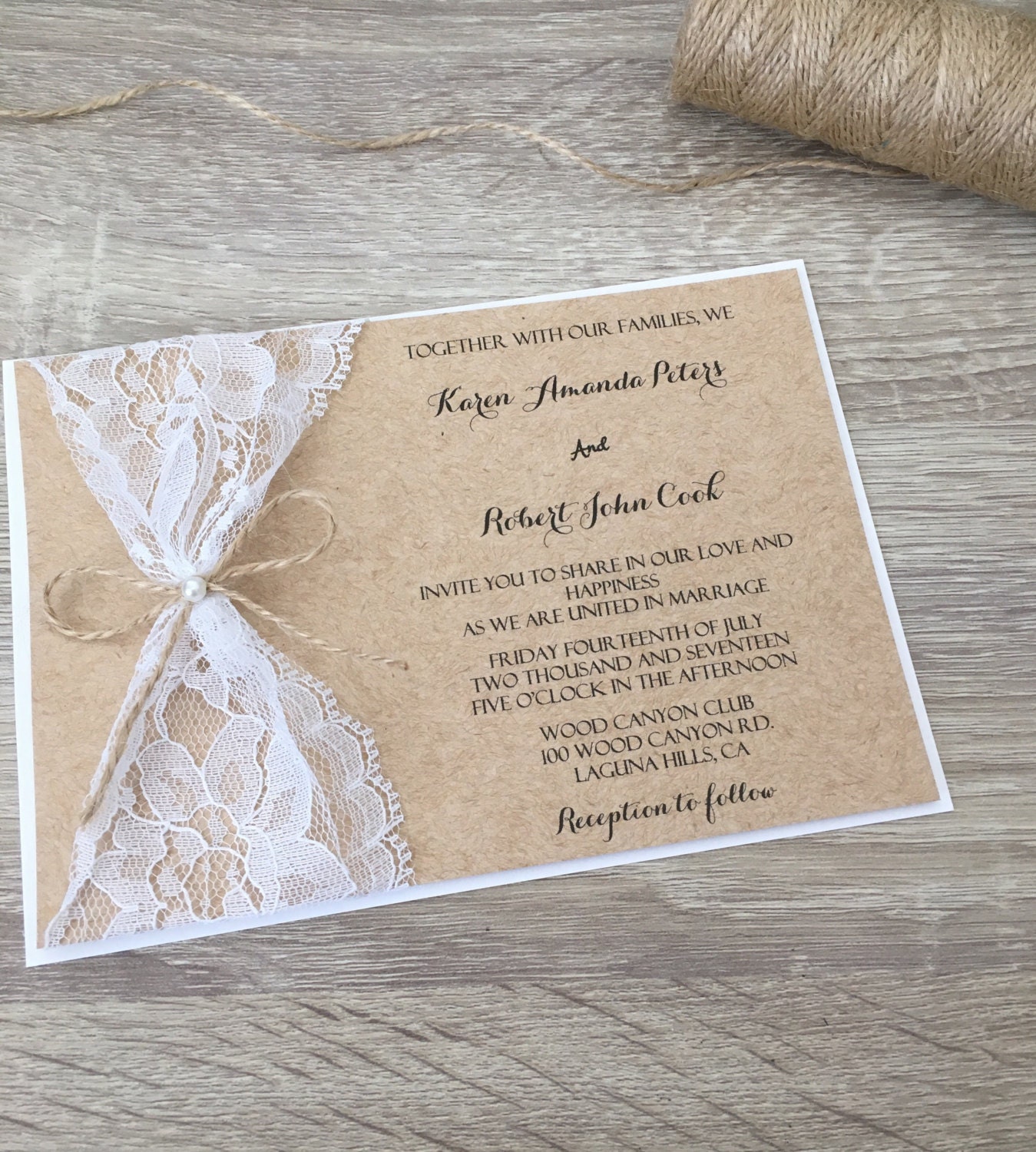 Rustic Wedding Invitation Lace Wedding Invitation Twine