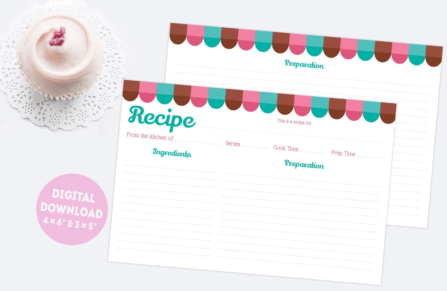 Double sided printable recipe cards 4x6 and 3x5 kitchen