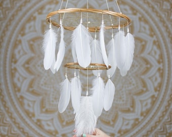 Chandelier Dream Catcher Mobile - White Dream Catcher Chandelier Mobile Boho Baby Mobile Tribal Crib Nursery Baby Girl Baby boy