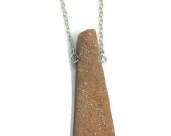 Tan Peach Druzy Necklace Silver- Raw Crystal Necklace- Triangle Druzy Necklace- Boho Long Layered- Natural Stone Jewelry Large Druzy Pendant