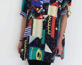Vintage black multi color geometrical button down shirt.over size