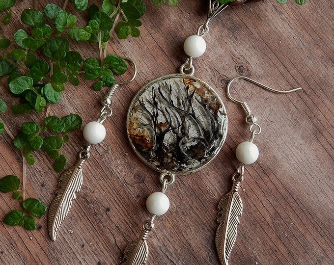 Epoxy resin round pendant whis ash and earrings, 3D painting tree branch, black agate jewelry, feather necklace, unique art, black and white