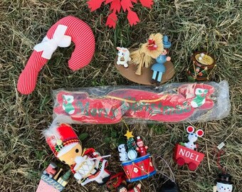Sale! Vintage Lot of 12 Christmas Ornaments, Wood, Felt, Christmas Decorations, Holidays