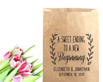 Wedding Cookie Bag Stamp - A Sweet Ending To A New Beginning - Laurel Rustic Favor Bag - Donut, Candy Bags Custom Stamp - Wedding Cookie Box