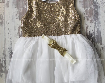 Antique White & Gold Baby Dress, Baby Girl Dress, Baby Tutu Dress, Princess Dress, Baby Photo Prop, Toddler Dress, Baby Pageant Dress