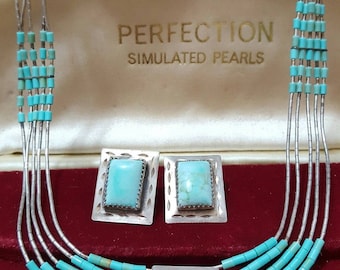 Vintage sterling silver necklace & earrings set native american design,turquoise