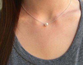 Floating Pearl Necklace, Dainty Necklace, Single Pearl Necklace, Simple Everyday Necklaces, Bridesmaid Necklaces