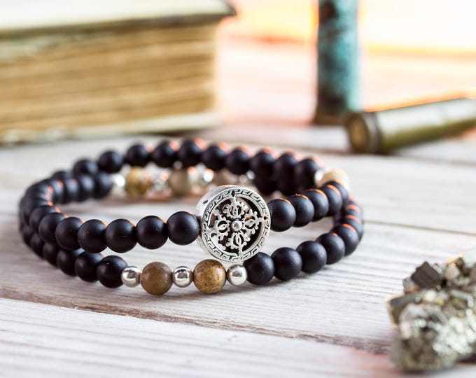 6mm - Matte black onyx beaded stretchy bracelet with sterling silver beads, double wrap bracelet, mens bracelet, mens beaded bracelet
