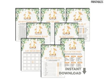 GIRAFFE Baby Shower GAMES PACKAGE. 8x Yellow Floral Baby Jungle Printable Games. Watercolor Flowers. Predictions. Bingo. Purse Game. GI1