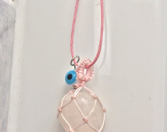 Rose Quartz Crystal Necklace Pink Macrame / Long Necklace / Evil Eye Charm Necklace