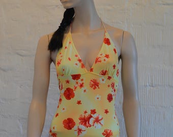 Vintage Yellow One Piece Swimsuit Floral Print M Size