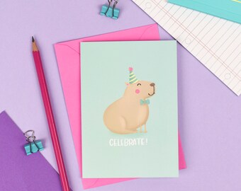 Celebrate! Capybara Card | Cute kawaii birthday A6 blank greetings card