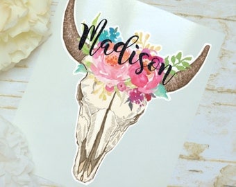 Steer Skull Floral Monogram Decal, Watercolor Flowers, Cow Skull, Bull Skull, Tumbler Decal, Floral Decal