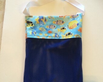 Large mesh sea shell collecting bag, beach bag, blue mesh, tropical fish print