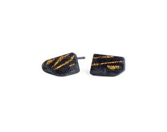 asymmetric stud earrings, black and gold post earrings, geometric stud earrings, black and gold stud earrings, unique texture stud earrings