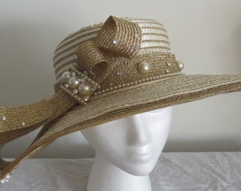 Women's White & gold Wide brim hat with big bow, Church hat, Kentucky Derby hat, Fancy hat, Tea Party hat