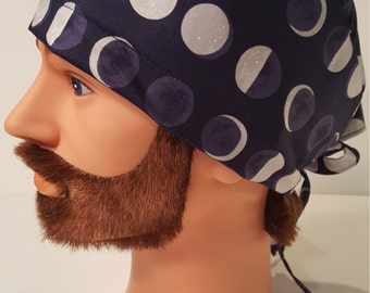 Navy Moon Phases Mens Scrub Cap, nurse, chemo, vet, surgical cap, uniform, chef, alopecia, unisex cap, OR caps, cotton, retro, navy, grey