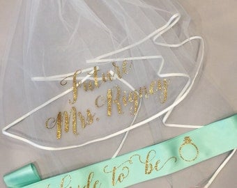 Bachelorette Veil and Sash, Future Mrs Veil, Personalized Veil, Bride to Be Sash, Bachelorette Party Veil, Bridal Shower Veil and Sash
