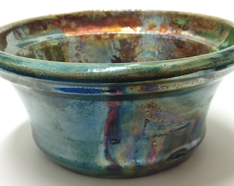 Metalic Glaze Raku Pottery Bowl with Green, Copper, Turquoise, Purple Iridescent Colors - Handmade Pottery Gift