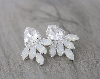 Bridal earrings, Crystal earrings, Wedding jewelry, White opal earrings, Bridesmaid earrings, Stud earrings, Rhinestone earrings, Swarovski