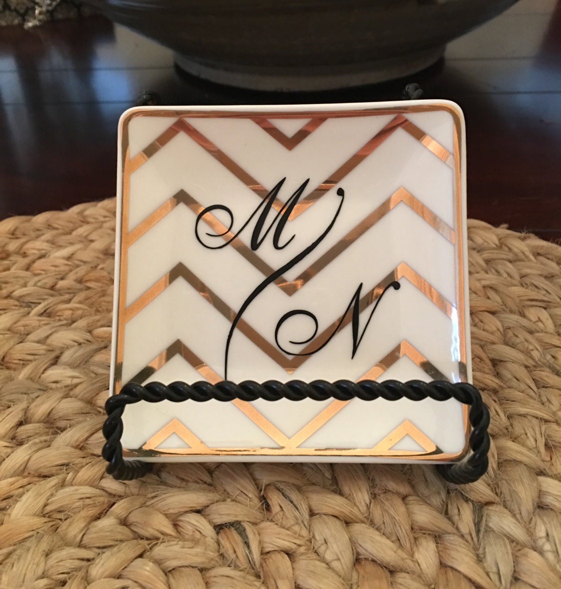 Monogrammed White and Gold small decorative ring tray/ dish