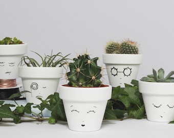 Home Decor - Five Hand Painted Succulent Planters - Monochrome Mini Face Planter - House Plant - Plant Pot Wedding Favours - Indoor Planter