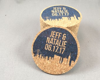 San Francisco Skyline Wedding Cork Coaster Favors Personalized with Names and Wedding Date // Wedding Reception Cork Coaster Favor