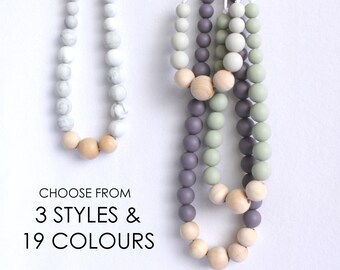 Silicone Teething Necklace CHOOSE Color Natural Wood Block Neutral Babywearing Jewelry Tula Nursing Teether Chewing Bead New Mom Shower Gift