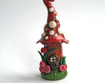 Miniature Fairy House, Fairy Garden Terrarium Mini Potted Plant Decor Hand Made Hand Painted OOAK Polymer Clay Sculpture
