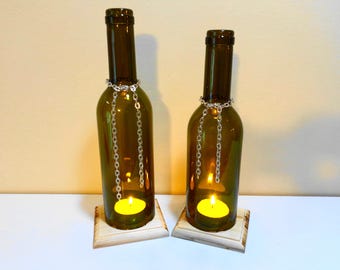 Wine bottle candle holder - Wine bottle light - Natural log decor - Log candle holder - Natural wood decor - Log cabin decor
