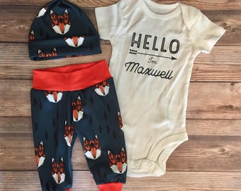 Navy and Orange Fox Newborn Boy Outfit, Baby shower gift, Baby name outfit, Baby name Bodysuit,Fox theme, Baby Fox Outfit, Going Home Outfit