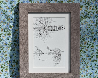 Fly Fishing Drawing, Rustic Decor, Cabin Chic Art, Pen Drawing, Cottage Chic Art, Art for Dad, Drawing for Fisherman, Fish Wall Art Framed