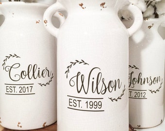 Fixer upper inspired milk jug vase with last name personalization | milk jug | vintage milk jug| Rustic Milk jug | Wedding Gift |housewarmin