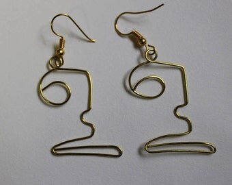 Wire Face Hook Earrings Handmade Bronze/Gold