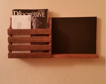 Rustic magazine rack, mail holder with chalkboard.