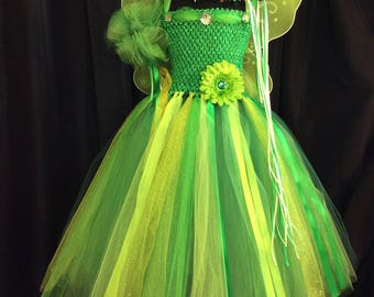 Tinkerbell fairy tutu dress w/matching crown, wand, wings; birthday outfit; fairy costume for girls; green fairy 18-24 mo, 3T/4T, 5/6, 7/8