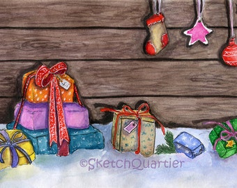 Hand painted watercolor Christmas presents/ Digital clipart for instant download