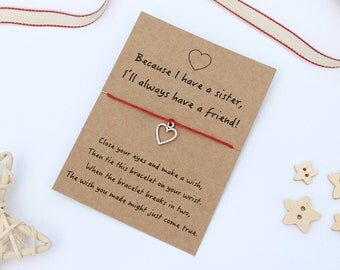 Sister Bracelet, Sister Wish Bracelet, Sister Charm Bracelet, Sister Gift, Heart Charm, Cord Bracelet, Charm Bracelet, Star Bracelet