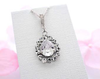Bridesmaid jewelry, crystal teardrop necklace, cubic zirconia necklace, bridal necklace, bridesmaid necklace, zircon jewelry bridesmaid gift