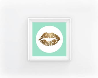Gold Lips Printable, Glitter Lips, Metallic Print, Gold Foil Printable, Turquoise and Gold, Cute And Girly
