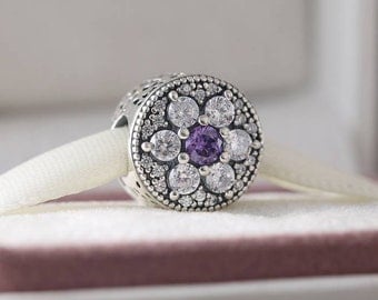 Forget Me Not Charm, 925 Sterling Silver with Mixed Purple & Clear CZ Fits to all Pandora Charm Bracelets, European Charm,